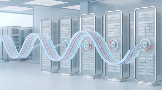 High speed network transmission visualization featuring vibrant data streams connecting modern storage servers