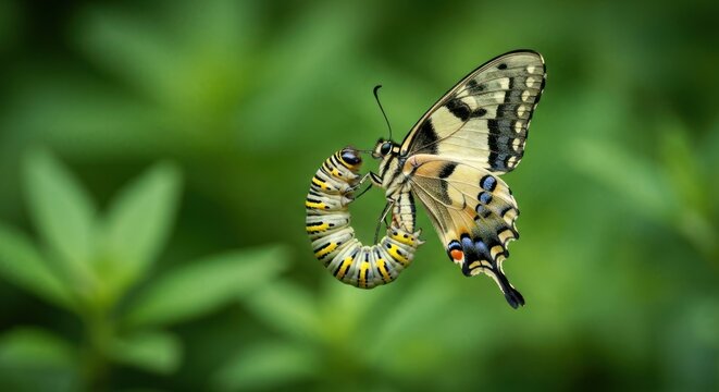 A swallowtail butterfly perched on a caterpillar amidst vibrant green foliage