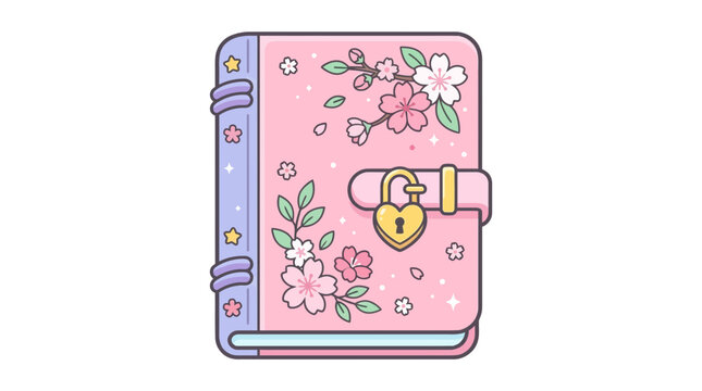 Kawaii Pink Diary with Heart Lock and Cherry Blossoms