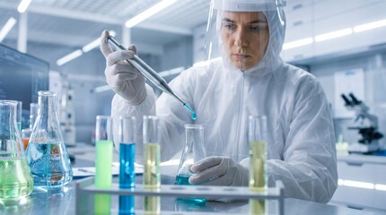Fototapeta premium Scientist transfers blue liquid from a pipette into flask in a laboratory.