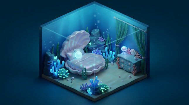 Magical isometric underwater bedroom featuring a shell shaped bed and glowing neon coral reefs.