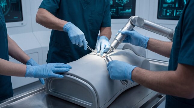 Team collaborate on advanced medical training using robotic surgery simulation.