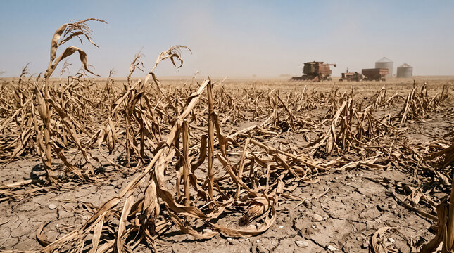 Drought-stricken Cornfield: In a parched and dusty landscape, withered corn stalks stand as a stark testament to severe drought.