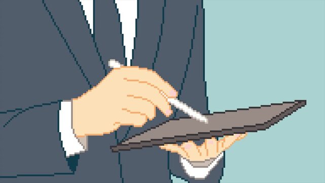 8-bit pixel art business professional using tablet