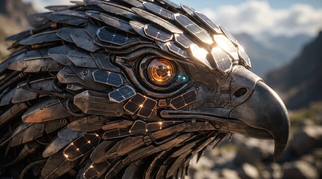 Macro view of a solar-powered robotic eagle eye highlighting intelligent optics, renewable technology, and futuristic engineering with realistic metallic details.
