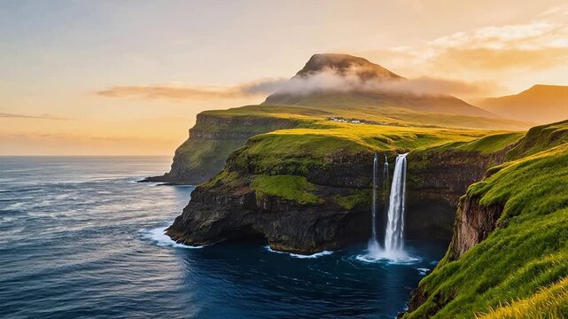 Coastal waterfall on grassy cliff