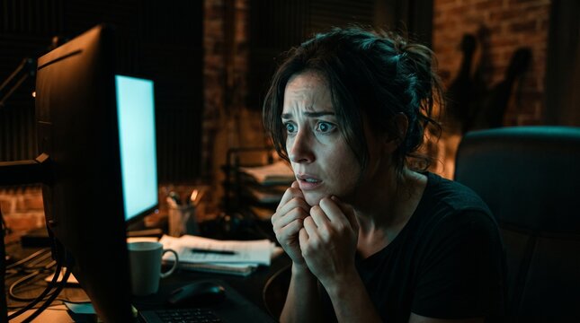 Anxious woman staring at glowing computer screen with shocked expression during late night work session in dark office