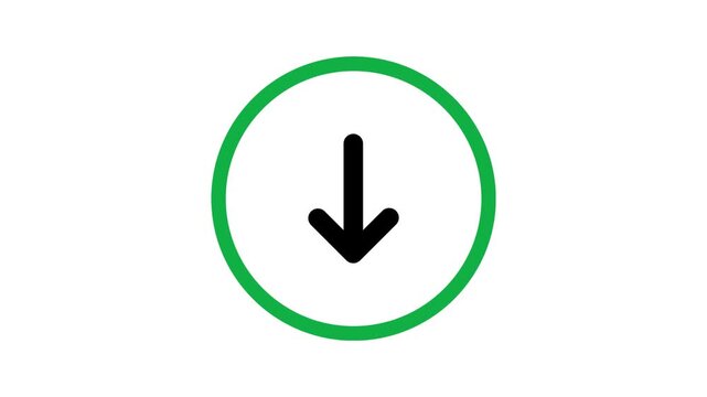 Minimalist black downward arrow icon inside a vibrant green circle frame for download progress web navigation and user interface direction symbol
