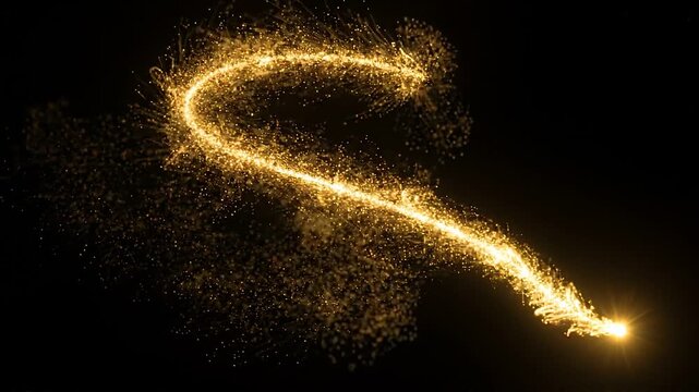 Golden particle trail moving in an S curve on a black background