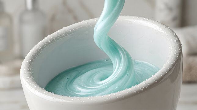 Luxurious Spa Treatment, Turquoise Shimmering Gel Pouring into White Ceramic Bowl with Salt Rim, Relaxing Self-Care and Beauty Routine, Hydrating Body Care Product for Wellness and Pampering