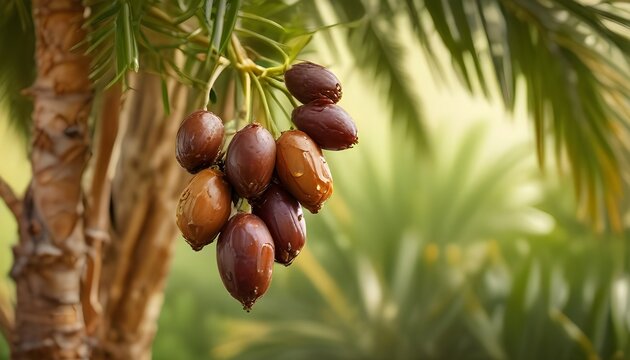 Ripening date fruits cluster hanging from palm tree trunk with green fronds. Food concept
