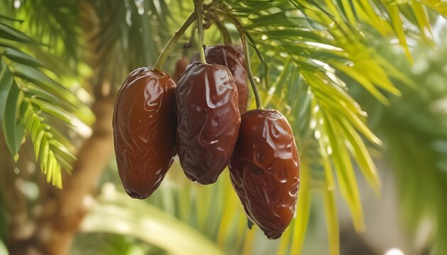 Glossy ripe date fruits clustered on palm branch with vibrant green foliage. Food concept
