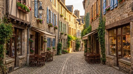 Fototapeta premium European historic street lined with artisan shops, cafés, cobblestones, flowering windows, and warm golden light, capturing timeless old-world travel charm.