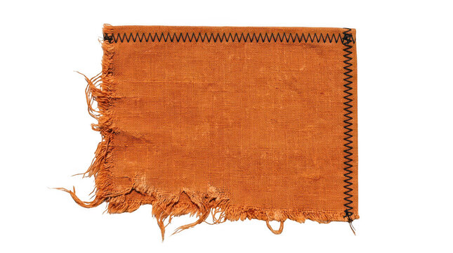 Vintage orange fabric patch with frayed edges, distressed textile swatch with black zigzag stitching, rustic linen cloth scrap for design isolated on Transparent Background