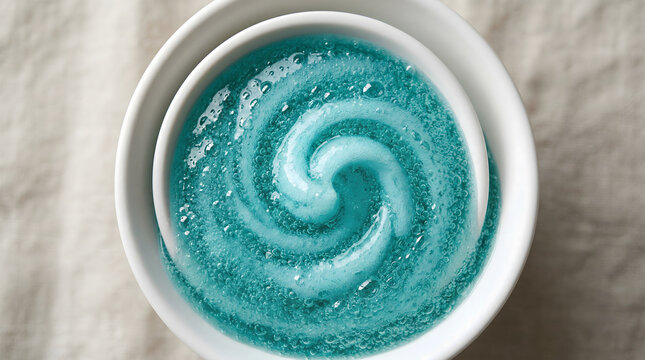 Aqua Blue Swirl Scrub Texture, Cosmetic Cream Swirl, Spa Treatment Product, Skincare Ingredient, Beauty Product Swirl, Macro Detail, Soft Focus, Top Down View, Refreshing Blue Hue