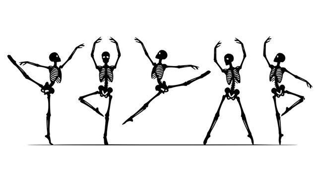 Skeletal ballet dancers set with transparent background featuring bone figures in elegant poses with graceful movements and dynamic choreography