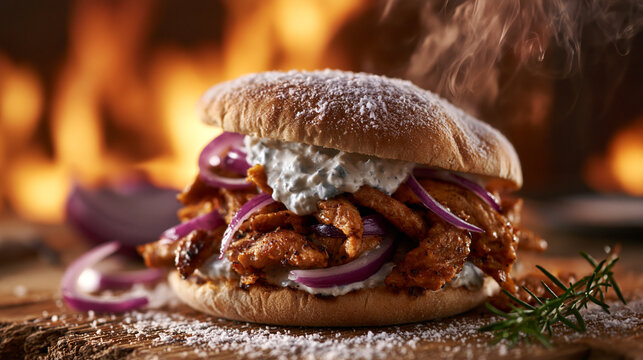 Spicy meat burger with red onions and white sauce sandwich delicious