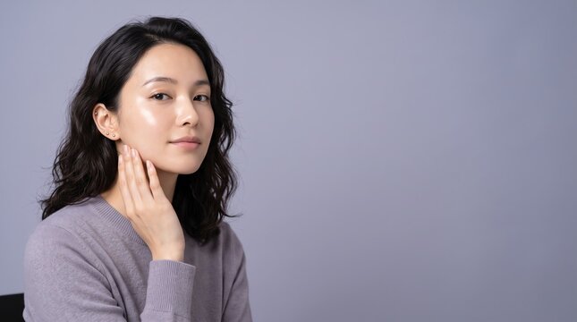asian woman touching glowing face looking at camera on grey background photo