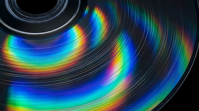 Close up of a compact disc showing rainbow diffraction patterns on the surface