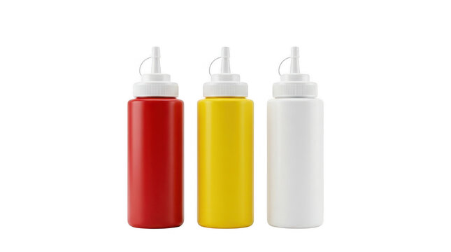 Plastic squeeze condiment bottles in red, yellow, and white. Set of three sauce dispensers for ketchup, mustard, and mayonnaise. Kitchen food service containers. isolated on Transparent