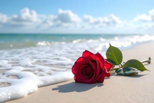 Trauer rote Rose am wei&szlig;en Sandstrand mit Meereswellen