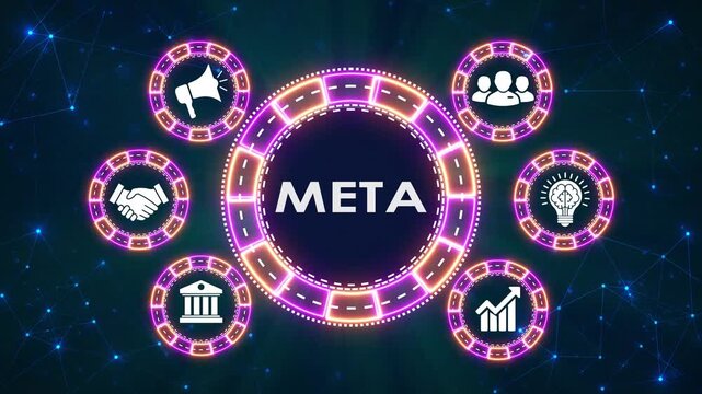 Abstract digital background featuring glowing meta concept and diverse business icons.
