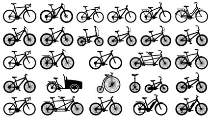 Fototapeta premium Collection of various bicycle silhouettes on a white background.