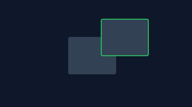 Dynamic animation of two squares with green outline, transitioning and moving in a seamless loop on a dark background, symbolizing technology, innovation, and modern design.