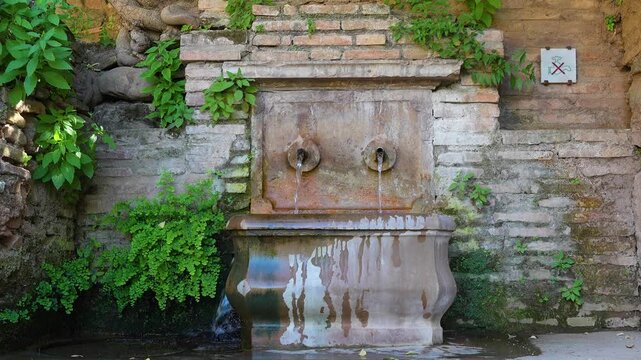 Stone fountain with flowing water in the Generalife Gardens at the Alhambra, Granada