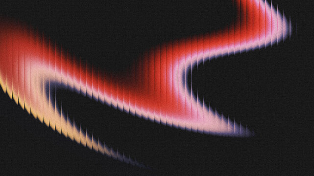 Abstract flowing wavy curved shape with vertical spike grooves. Warm red, cream, and pale pink glowing gradient on dark grainy noisy black backdrop.