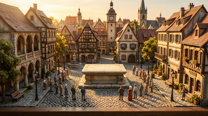 Naklejka premium ​Artisanal perfume and vintage jewelry display on carved stone pedestal podium at miniature village plaza