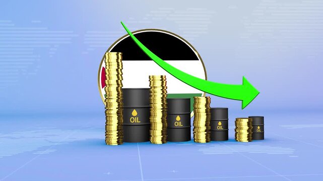 Palestine Oil Prices Decline with Oil Barrels, Gold Coins and Downward Green Arrow, 3D Economic and Financial Market Concept