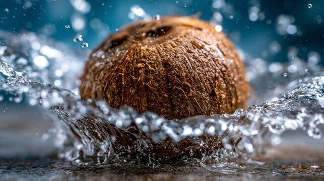 Whole brown coconut with dynamic water splash concept shot, tropical