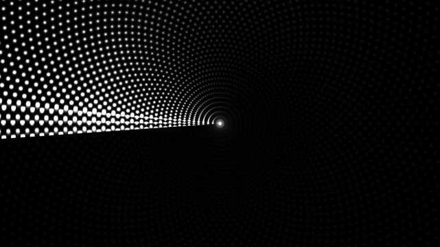 The design shows a spiral pattern created with dots that transition from light to dark. It creates an illusion of depth and movement. The focus is on the light source at the center