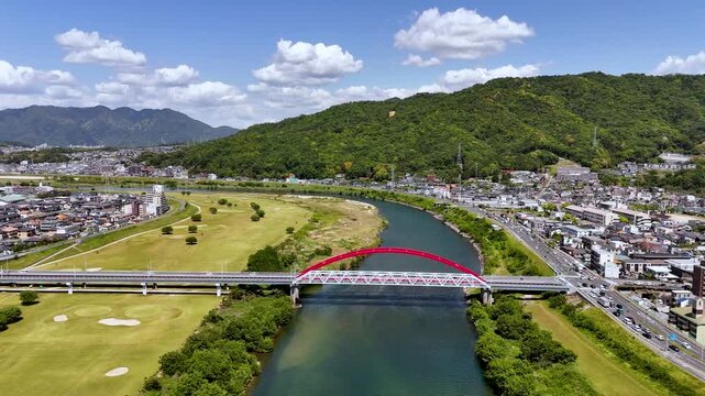 Fly over Ota river and Akio bridge in Hiroshima Japan
