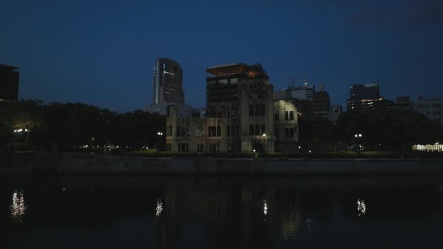 Moving towards the atomic b dome in Hiroshima at night, Japan