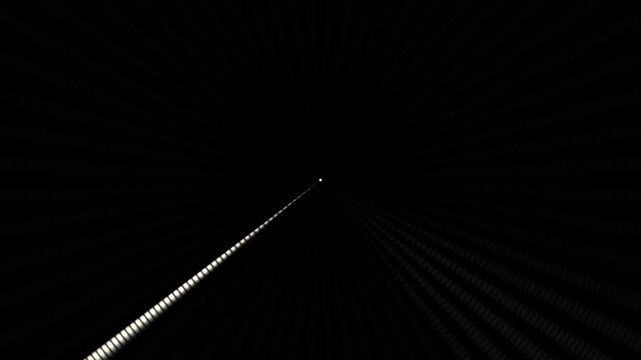 A bright light source moves steadily through a dark tunnel, creating a trail of light. The darkness surrounds the scene, filling it with a sense of depth and mystery