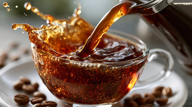 Fresh hot black coffee pouring into glass cup creating splash