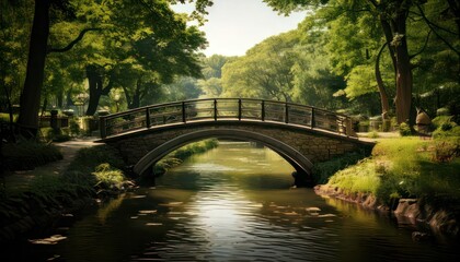 Fototapeta premium Serene bridge over calm river landscape.