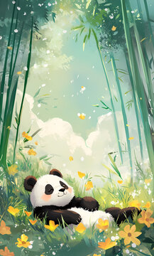 Cute Panda Relaxing in a Lush Bamboo Forest