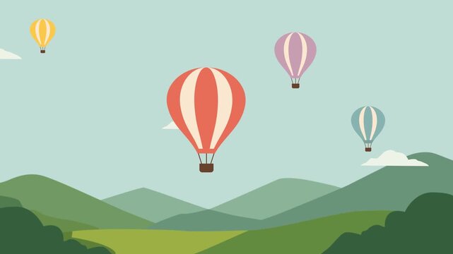 Smooth animated loop of pastel hot air balloons flying over green mountains.