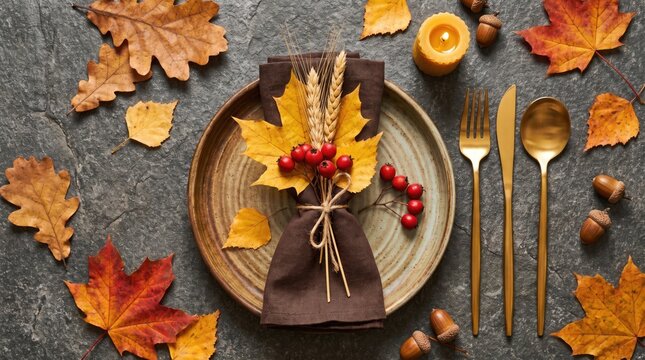 A festive table setting with autumn leaves and golden cutlery wishing everyone a very happy thanksgiving holiday celebration dinner