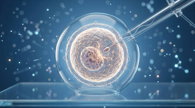 In vitro fertilization process showing single cell egg being injected with sperm under microscope, representing advanced reproductive technology and medical science