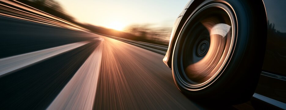Car tire rolling on highway at sunset with motion blur effect, close-up photo  