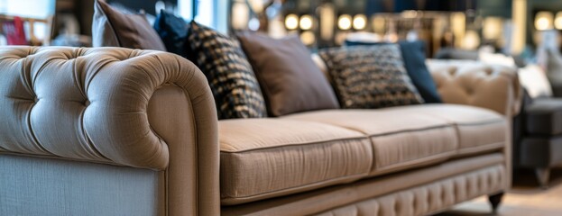 Obraz premium Elegant beige sofa with decorative pillows in modern furniture store 