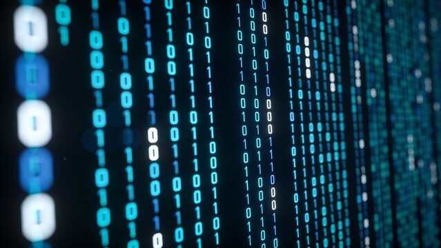 Futuristic binary code data stream glowing in deep blue digital atmosphere