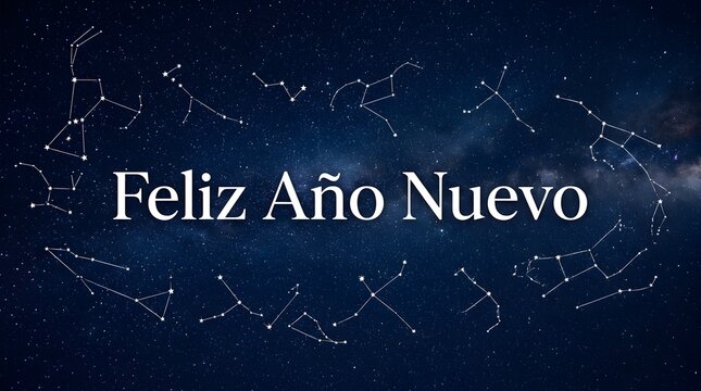 Feliz ano nuevo greeting with starry night sky constellation