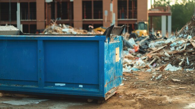 Construction site with a blue dumpster and construction debris in the background during daylight hours