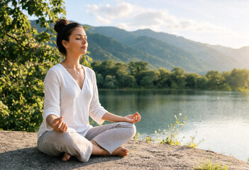 Fototapeta premium Woman sits cross-legged by calm lake