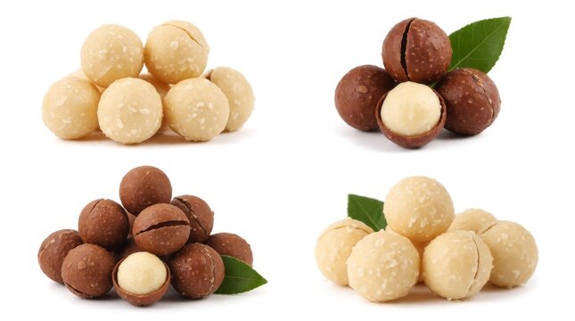Fresh macadamia nuts in shells and out shells beautifully arranged on white background